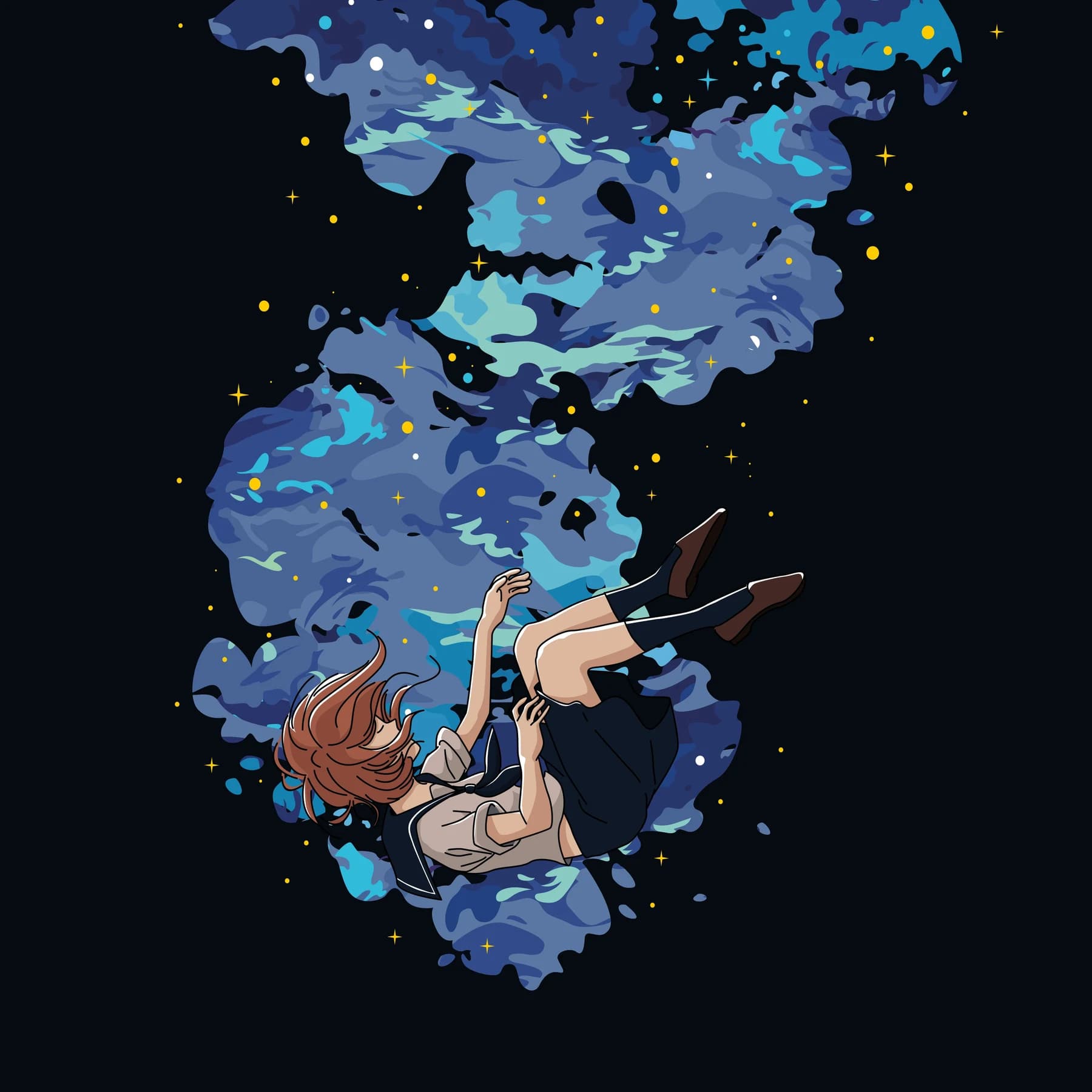 Illustrated figure suspended beneath a blue, star-filled sky on a dark background.