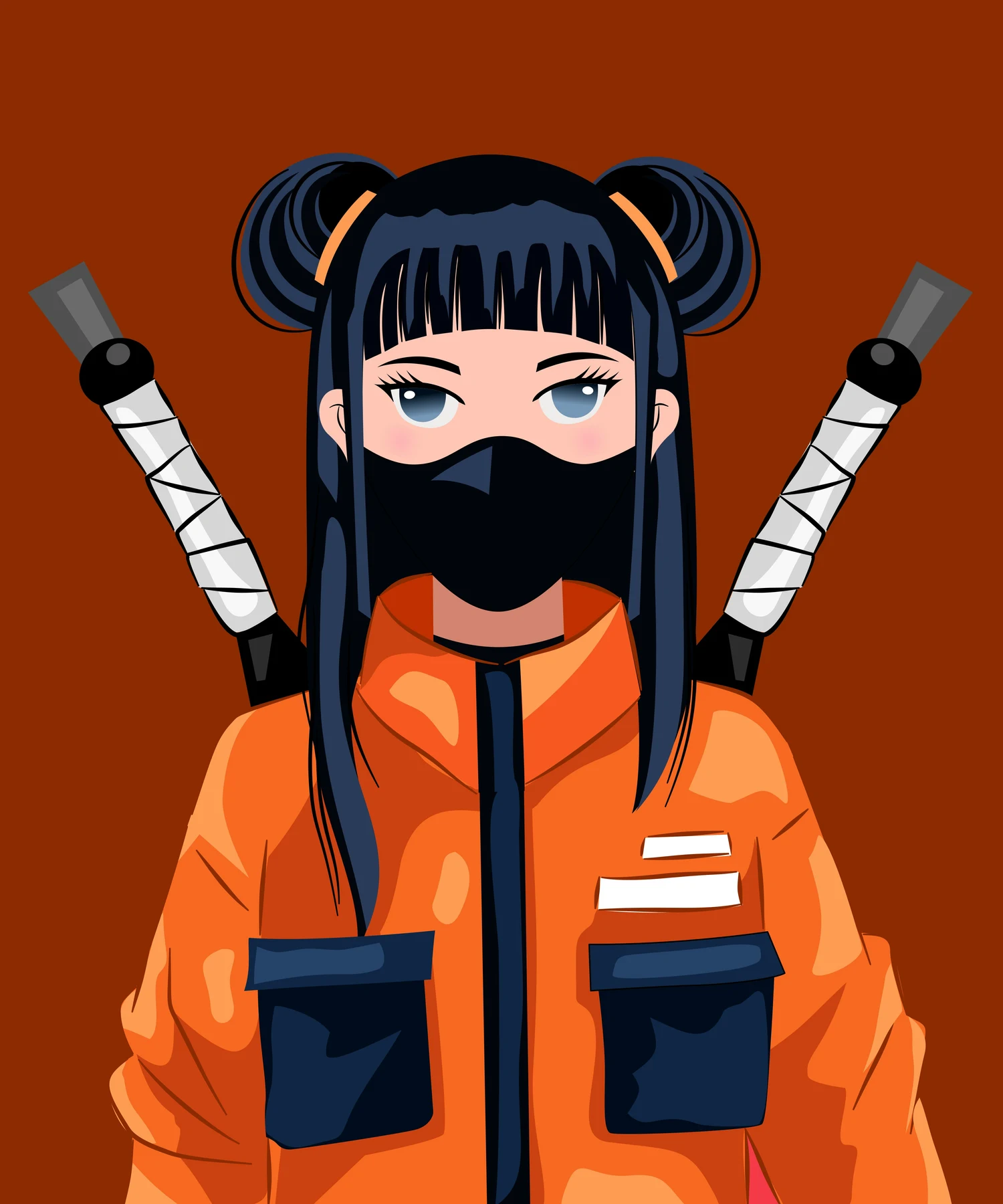Illustration of a masked character in an orange jacket with two swords.