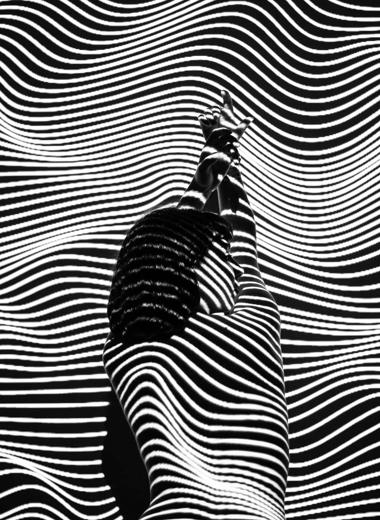 Black-and-white portrait crossed by wavy striped light.