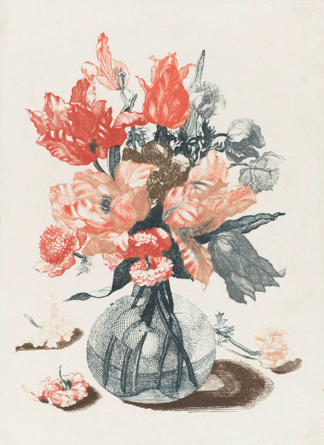 Painting of red and pale flowers in a glass vase.