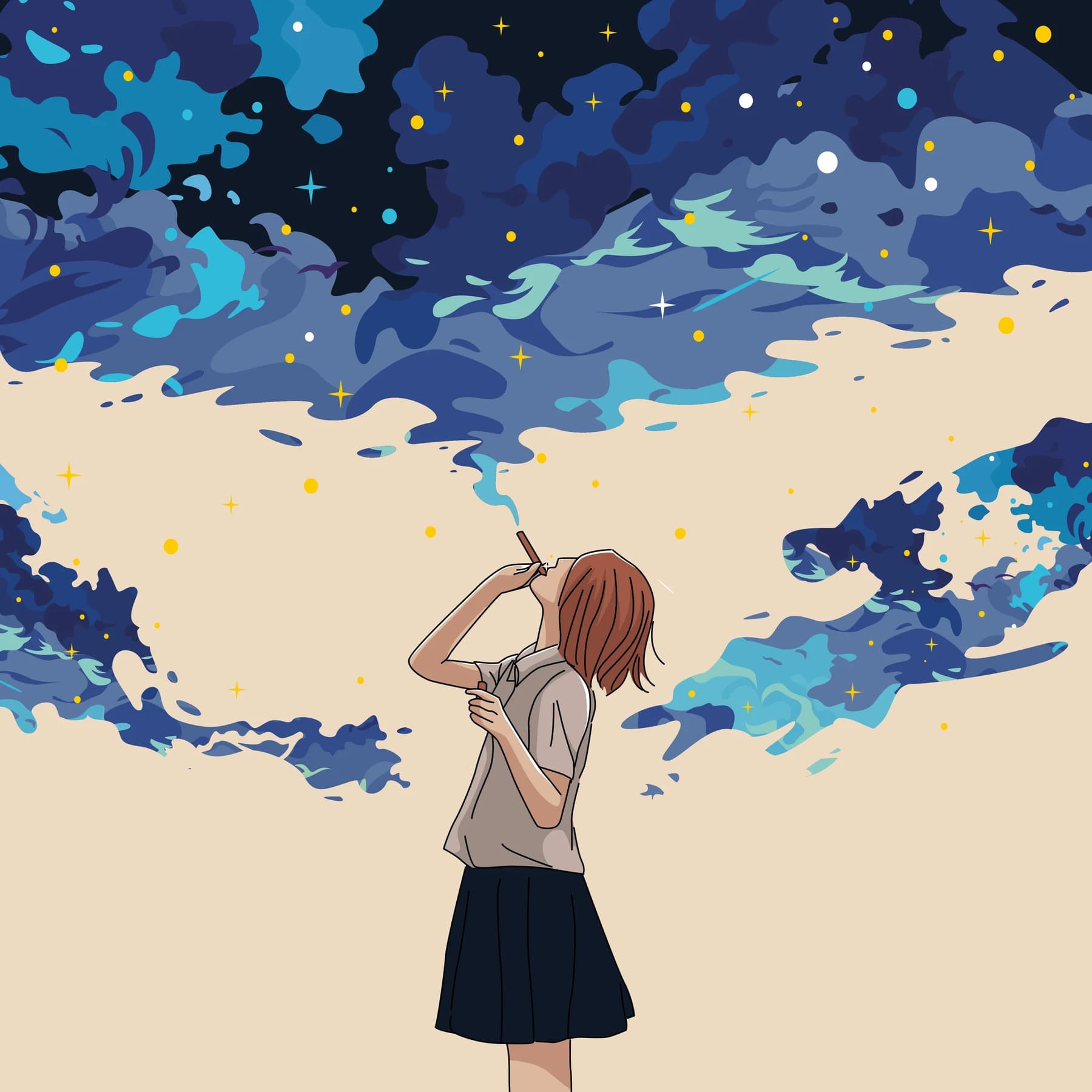 Anime-style illustration of a figure reaching toward a blue, star-filled sky.