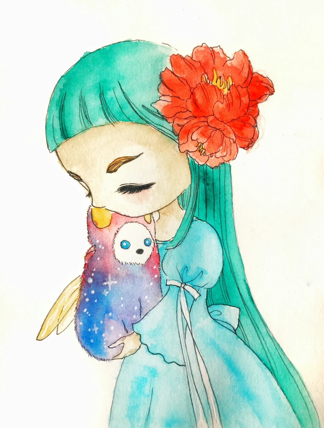 Illustrated turquoise-haired character with a large red flower.